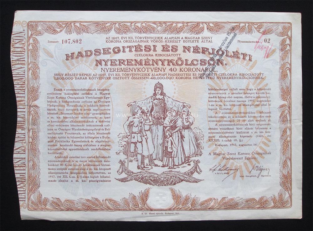 Hadsegtsi s Npjlti Nyeremnyklcsn 40 korona 1917